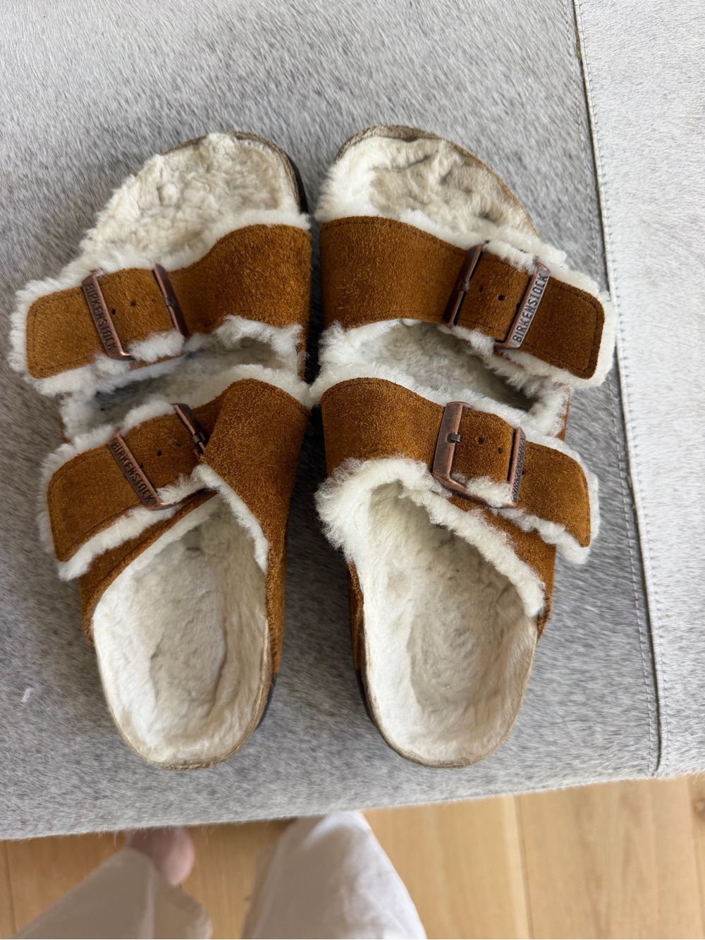 Birkenstock Suede Double Strap Slippers - Chestnut Brown & Cream